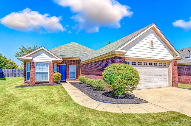 ranch-style home featuring a garage and a front lawn