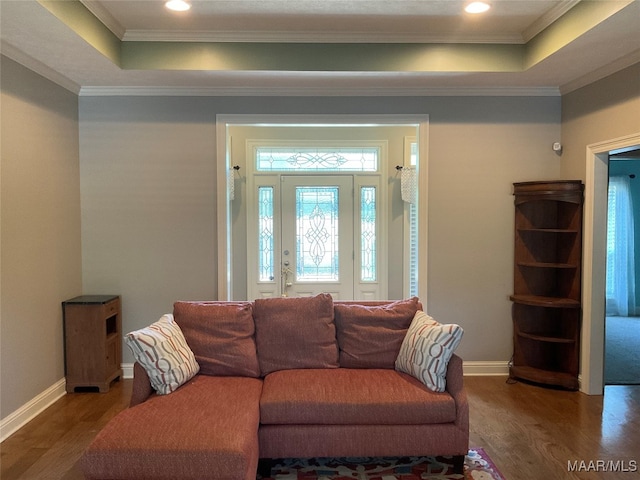 living room with crown molding, a tray ceiling, and hardwood / wood-style floors