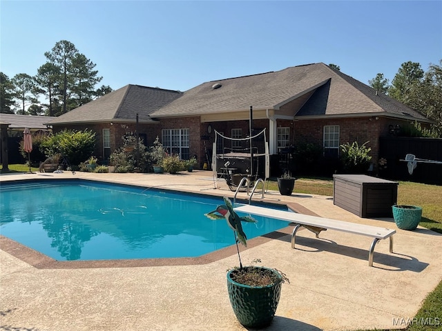 view of swimming pool with a patio and a diving board