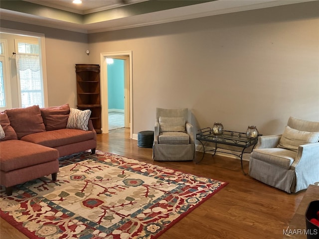 living room featuring ornamental molding, a tray ceiling, and hardwood / wood-style floors