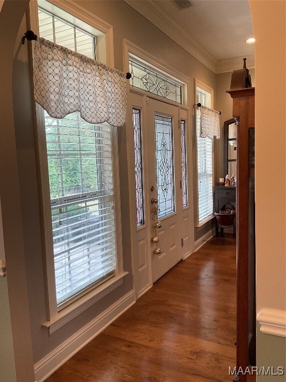 entrance foyer featuring dark hardwood / wood-style floors and ornamental molding