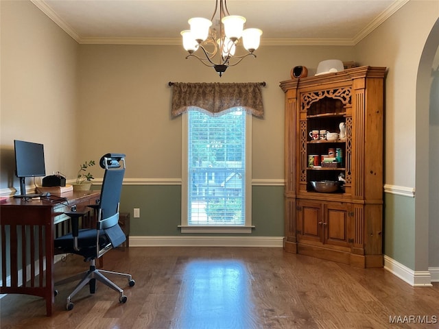 office with an inviting chandelier, crown molding, and dark hardwood / wood-style flooring