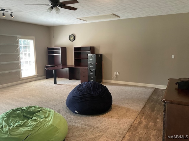 living area featuring ceiling fan, a textured ceiling, and hardwood / wood-style floors