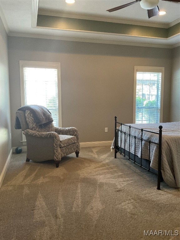 bedroom featuring ceiling fan, carpet floors, a raised ceiling, and ornamental molding