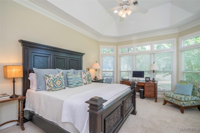 bedroom with ceiling fan, ornamental molding, light carpet, and multiple windows