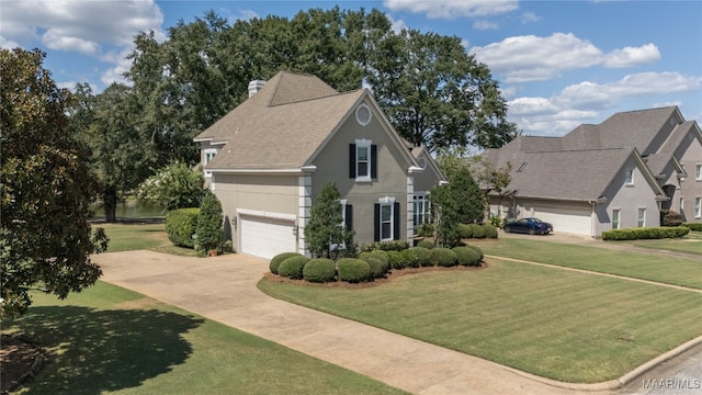 front facade featuring a garage and a front lawn