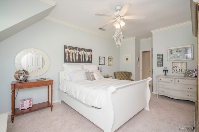 bedroom with ceiling fan, ornamental molding, and light carpet