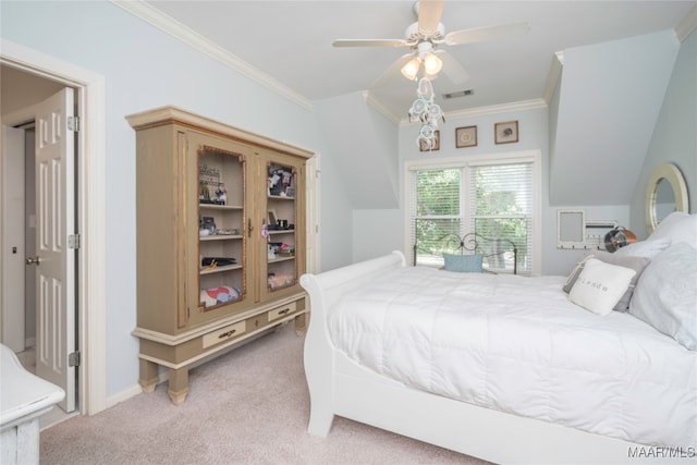 carpeted bedroom featuring ornamental molding and ceiling fan