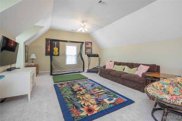 living room with lofted ceiling, ceiling fan, and light carpet