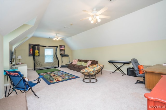 interior space with lofted ceiling, ceiling fan, and light carpet