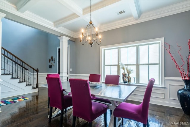 dining area featuring dark hardwood / wood-style flooring, decorative columns, ornamental molding, coffered ceiling, and beamed ceiling