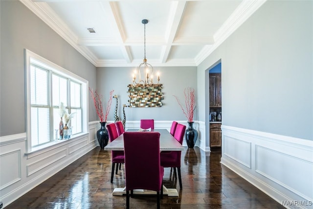 dining room featuring ornamental molding, coffered ceiling, dark wood-type flooring, beam ceiling, and a notable chandelier