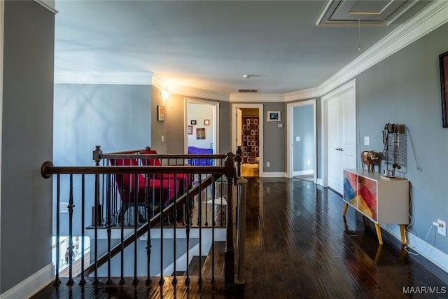 corridor with hardwood / wood-style flooring and ornamental molding