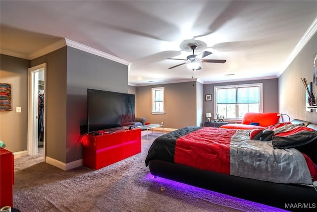 bedroom featuring carpet flooring, ceiling fan, and ornamental molding