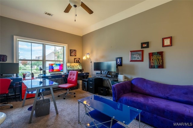 office area featuring carpet flooring and ceiling fan