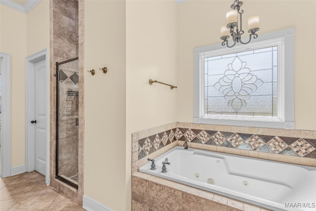 bathroom with separate shower and tub, ornamental molding, tile patterned floors, and a notable chandelier