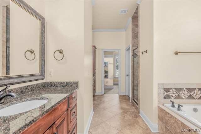 bathroom with crown molding, vanity, separate shower and tub, and tile patterned floors