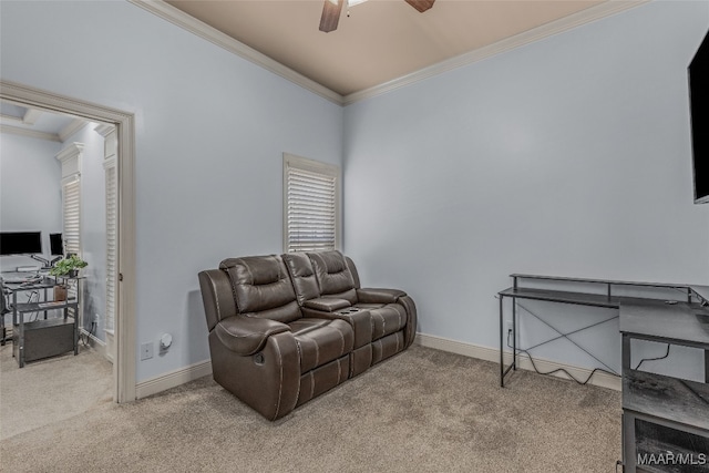 living area featuring ceiling fan, ornamental molding, and carpet floors