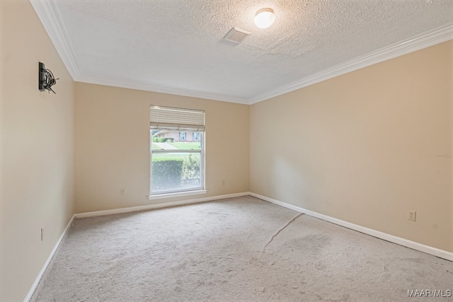 spare room with crown molding, carpet floors, and a textured ceiling