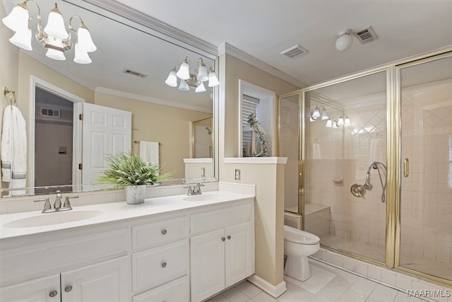 bathroom featuring toilet, ornamental molding, vanity, an enclosed shower, and tile patterned floors