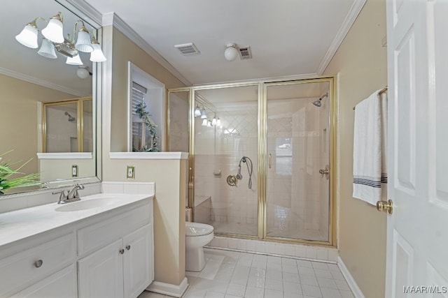 bathroom with vanity, a shower with shower door, ornamental molding, and toilet