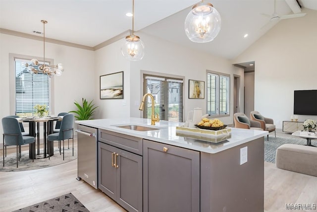 kitchen with gray cabinetry, sink, decorative light fixtures, and an island with sink