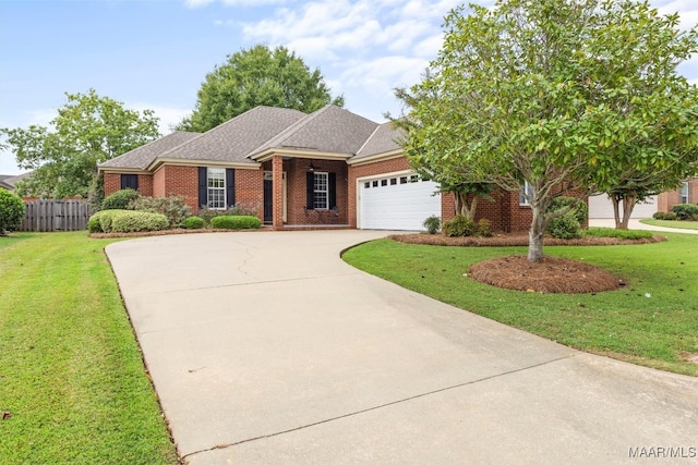 view of front of home with a front yard and a garage