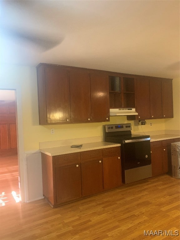 kitchen with dark brown cabinetry, light hardwood / wood-style floors, and stainless steel electric range oven