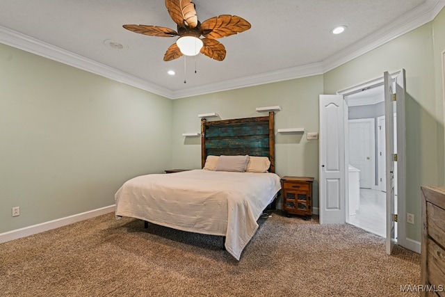 carpeted bedroom with ceiling fan and crown molding