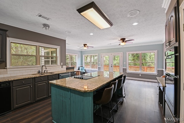 kitchen featuring a center island, dark hardwood / wood-style floors, french doors, and a wealth of natural light