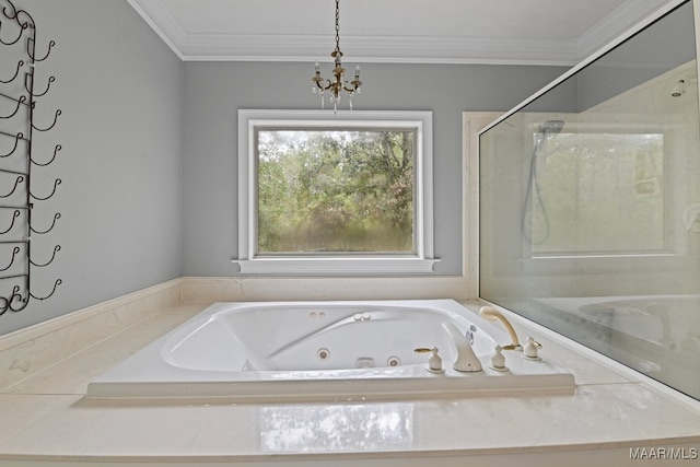 bathroom featuring independent shower and bath and ornamental molding