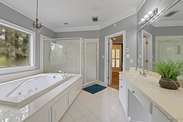 bathroom with independent shower and bath, vanity, and ornamental molding