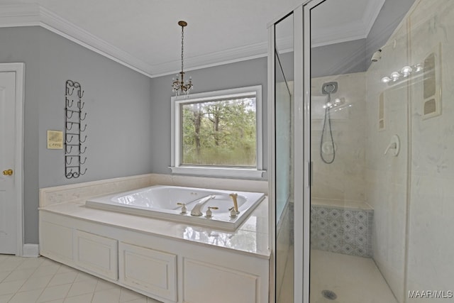 bathroom featuring independent shower and bath, tile patterned flooring, and ornamental molding