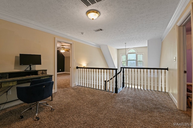 office area with carpet, a textured ceiling, and ceiling fan