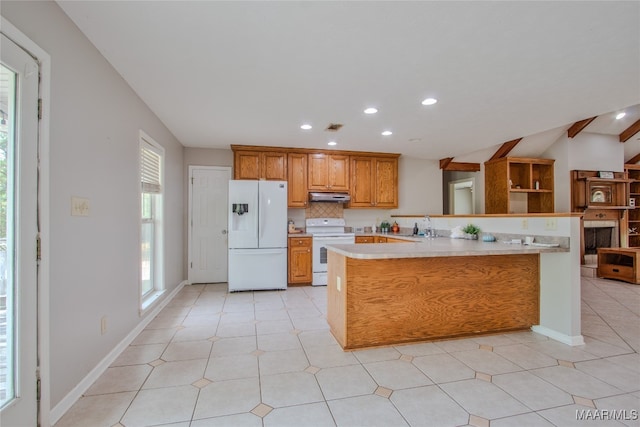 kitchen with decorative backsplash, kitchen peninsula, sink, light tile patterned floors, and white appliances