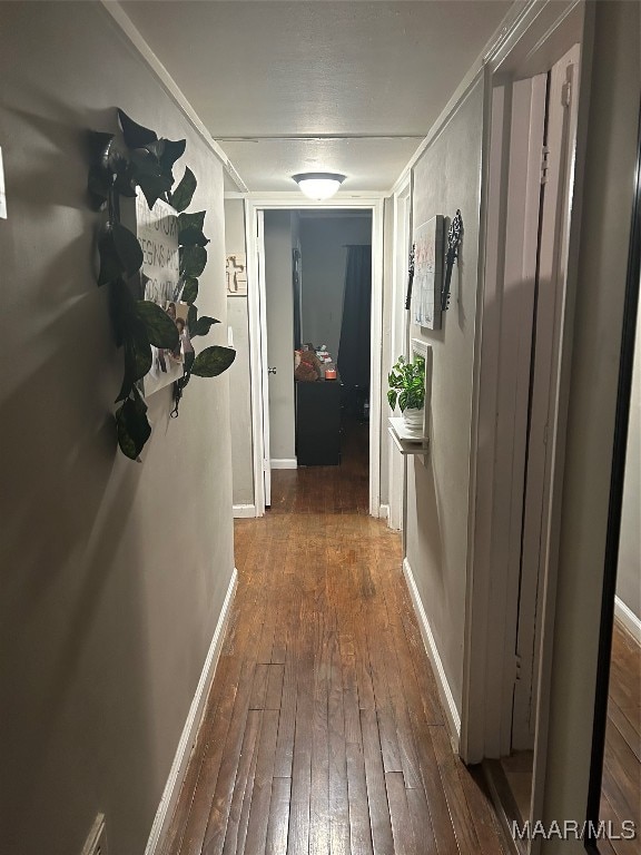 hallway with dark hardwood / wood-style flooring