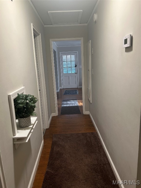 corridor featuring ornamental molding and dark hardwood / wood-style floors