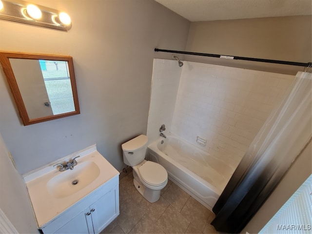 full bathroom featuring shower / bath combo, tile patterned flooring, vanity, and toilet