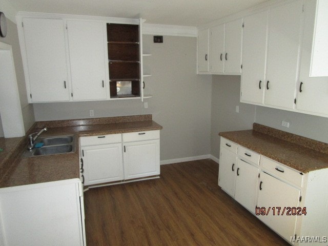 kitchen with white cabinetry, sink, and dark hardwood / wood-style flooring