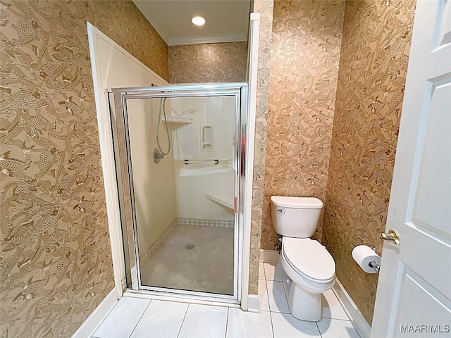 bathroom with tile patterned flooring, a shower with door, and toilet