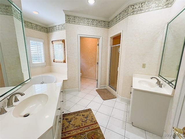 bathroom featuring vanity, plus walk in shower, tile patterned flooring, and ornamental molding