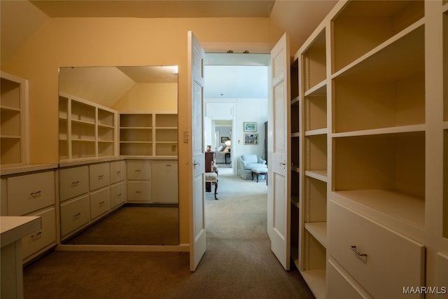 interior space with lofted ceiling and carpet