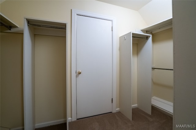 walk in closet featuring dark colored carpet