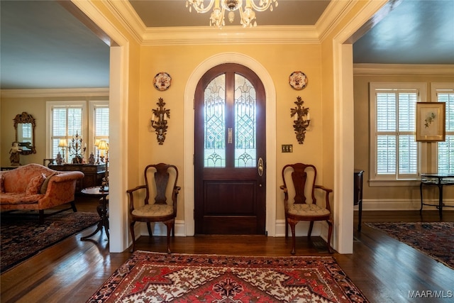 foyer entrance featuring dark wood-type flooring, a chandelier, and a healthy amount of sunlight