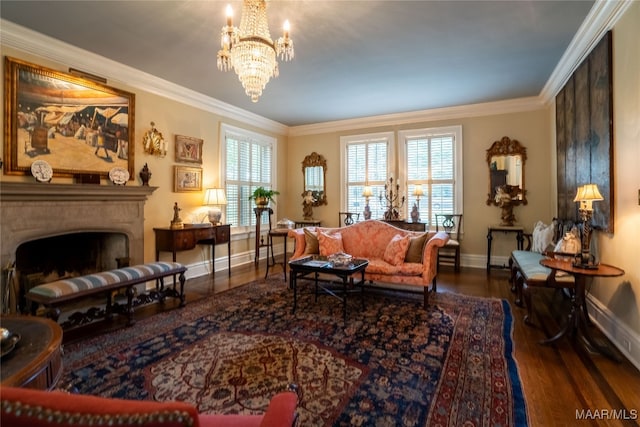 living room featuring ornamental molding, dark hardwood / wood-style floors, and a chandelier