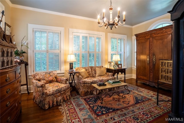 living area with an inviting chandelier, ornamental molding, dark hardwood / wood-style floors, and a wood stove