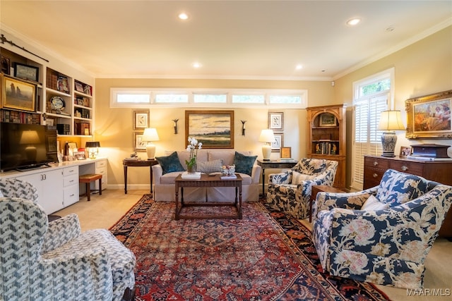 living room with crown molding and light colored carpet