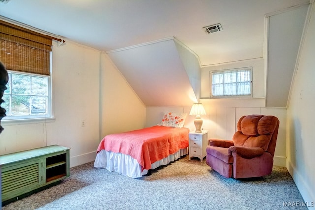 bedroom featuring carpet and lofted ceiling