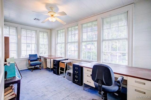 home office with ceiling fan and light colored carpet