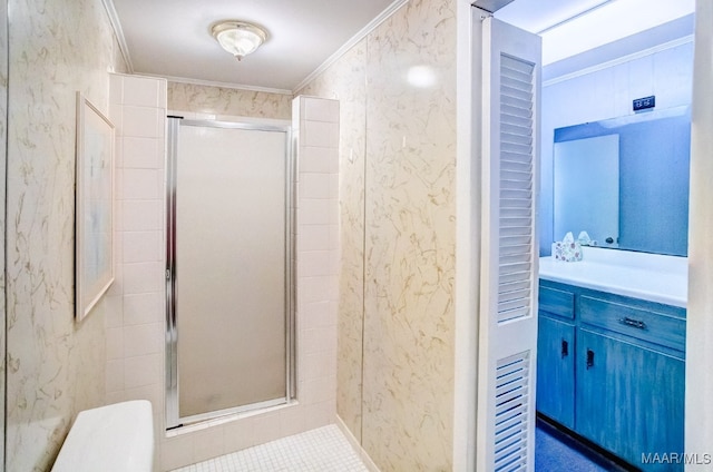 bathroom with walk in shower, vanity, crown molding, and toilet